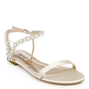 Badgley Mischka Pearl-Trim Satin Ankle-Strap Flat Sandal in Ivory